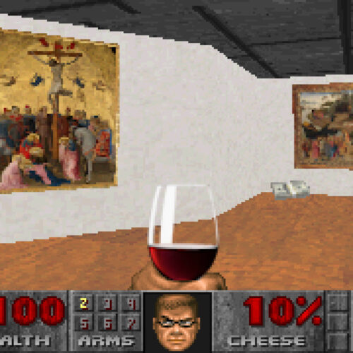 doom-marine-crashes-art-gallery,-politely-sips-wine