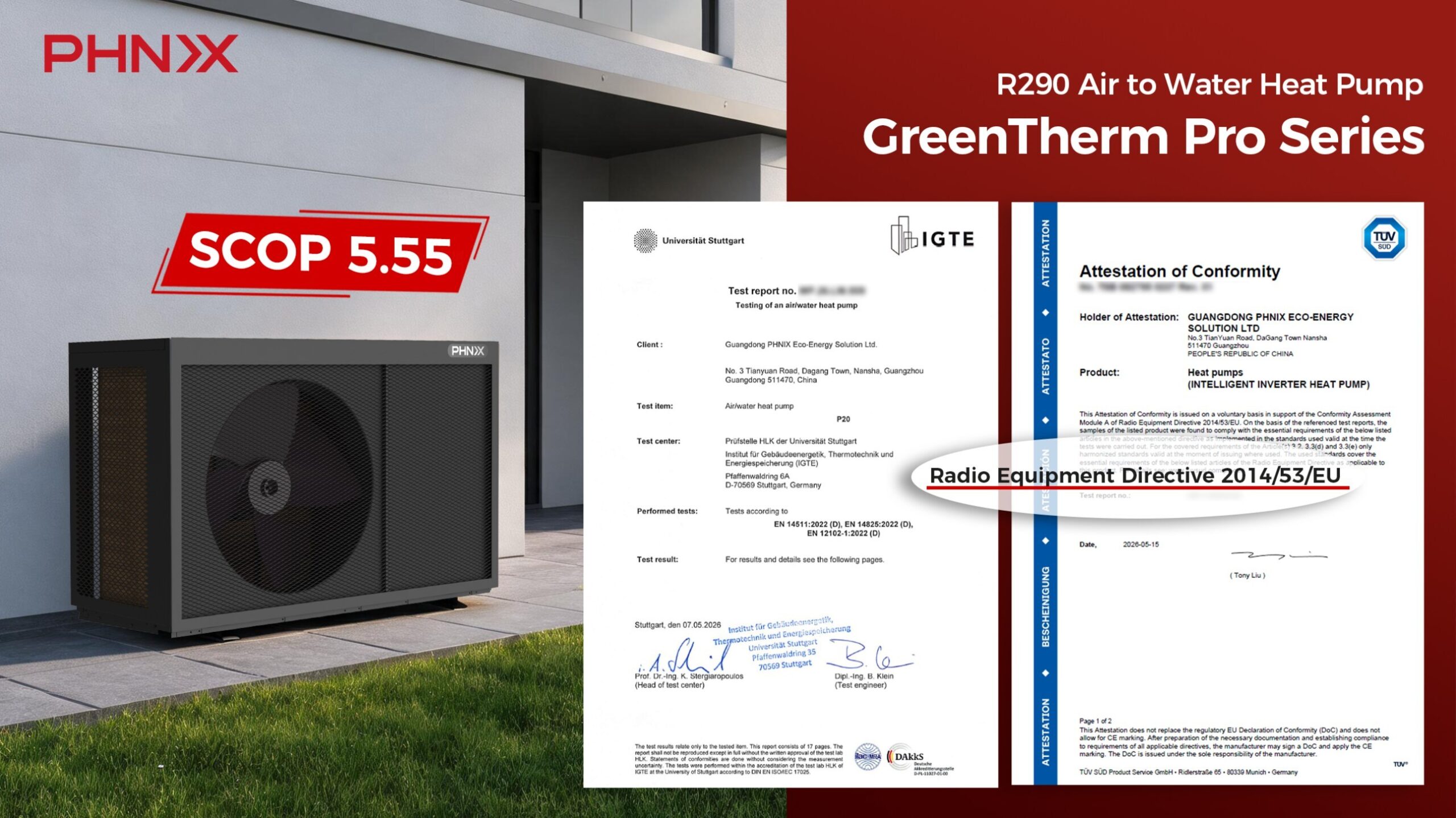 La pompe à chaleur air-eau R290 GreenTherm Pro de PHNIX est désormais certifiée RED par TÜV SÜD, avec un SCOP de 5,55 vérifié par HLK Stuttgart